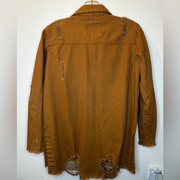 Women's Distressed Camel Denim Jacket - Picture 5 of 6